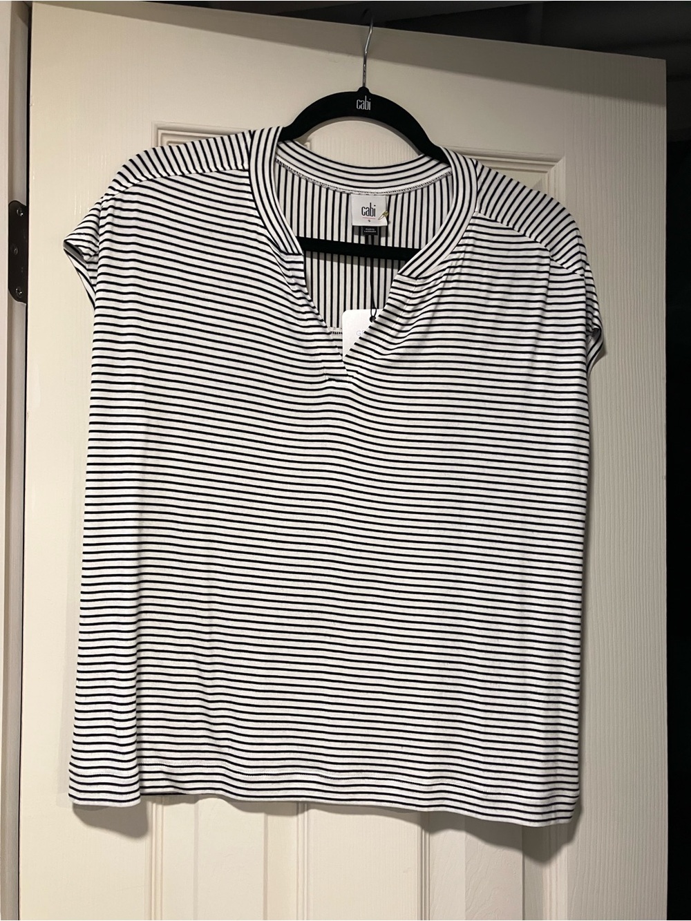 CAbi Black & White Striped Notch-Neck Cap Sleeve Tee